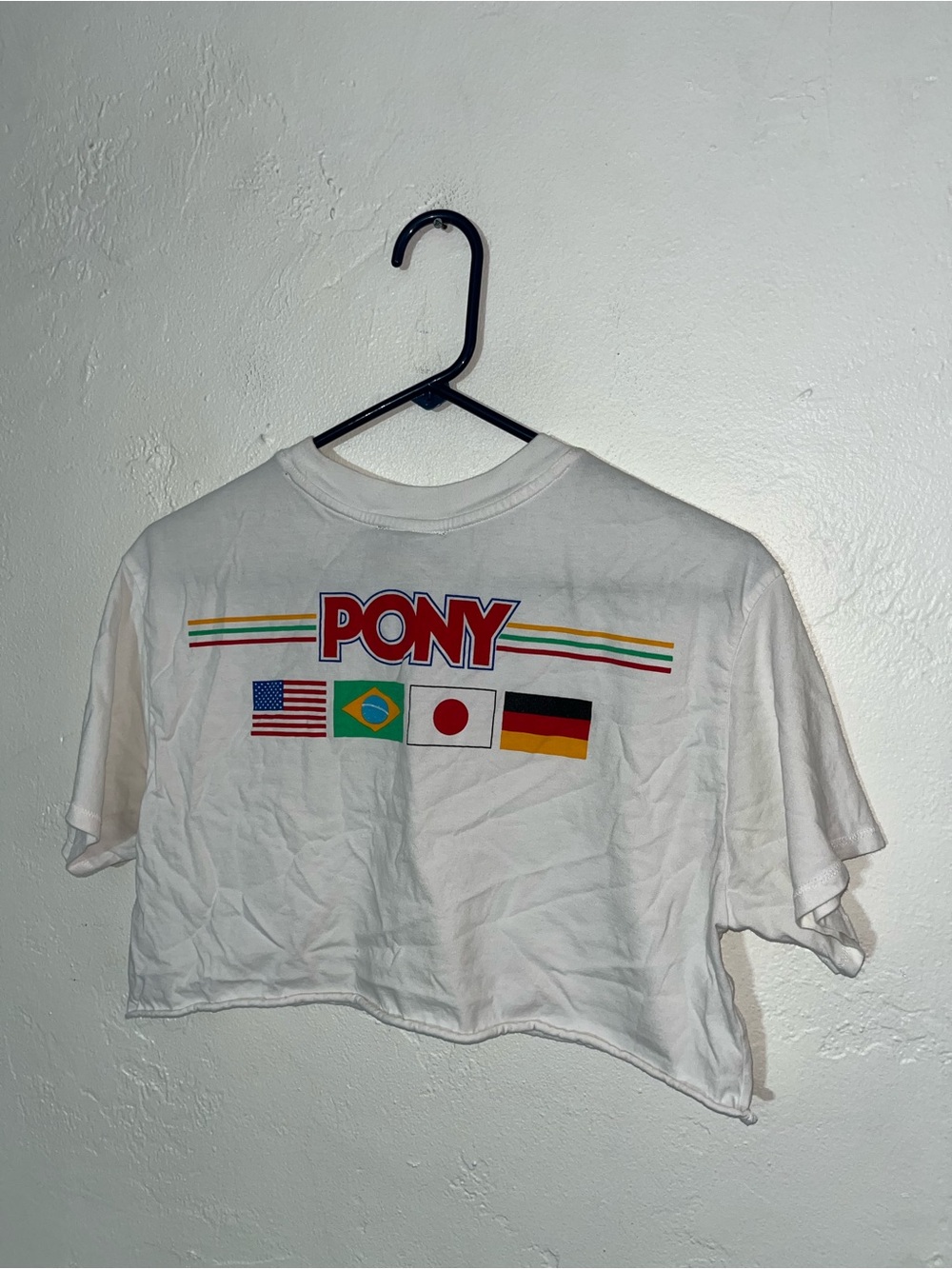 PONY White Crop Tee w Flag Graphics T-colorful logo F21 Collab Women’s Medium
